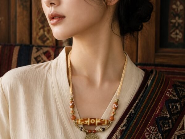 Guru Rinpoche Dzi Necklace with red-toned focal bead and red-gold cord