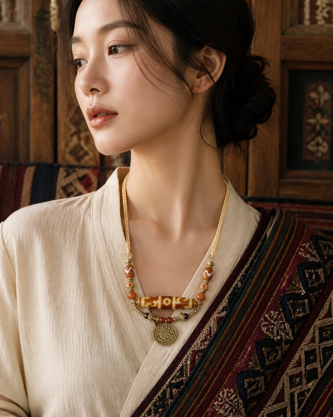 Guru Rinpoche Dzi Necklace with red-toned focal bead and red-gold cord