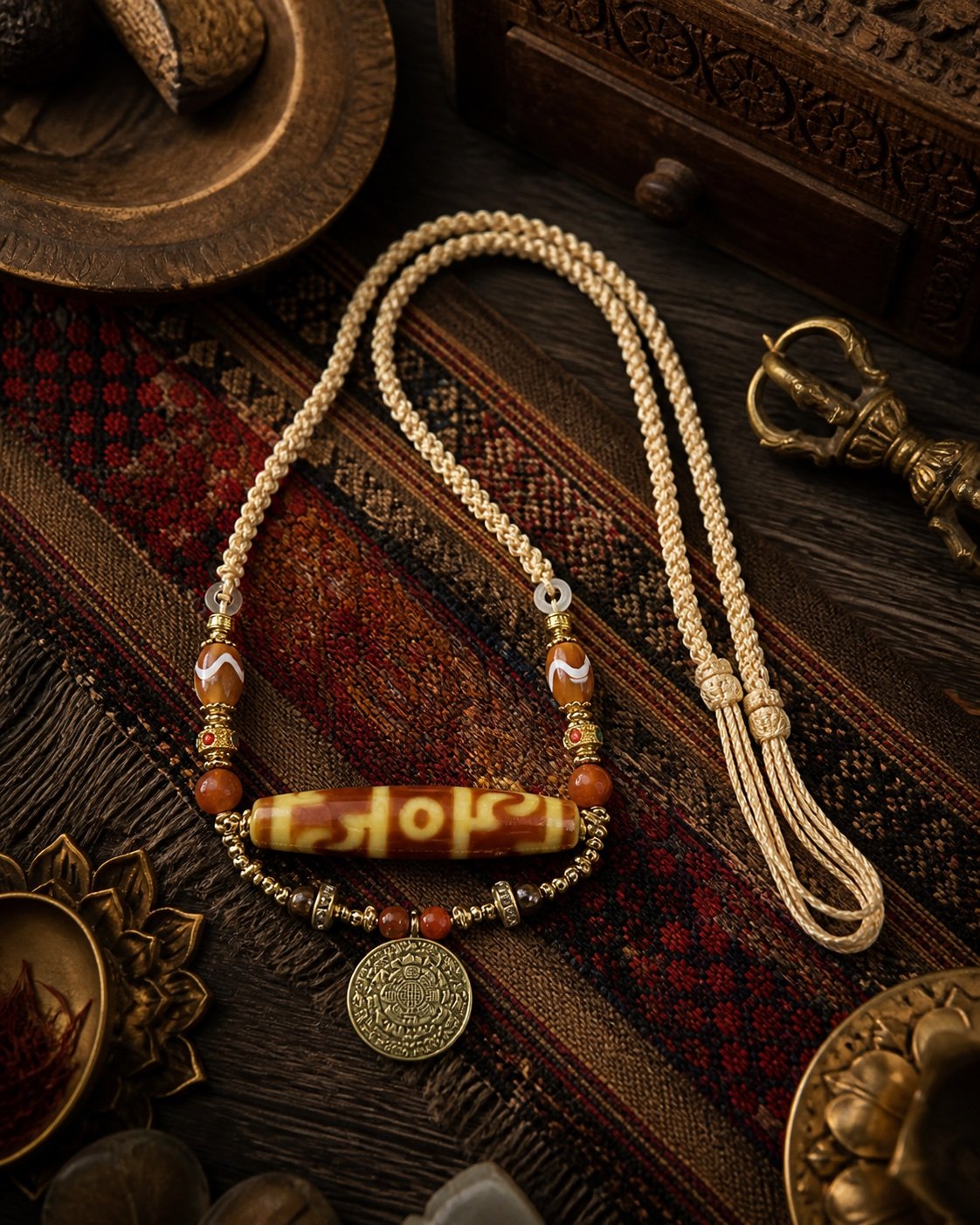 Red-Gold Guru Rinpoche Ritual Dzi Necklace
