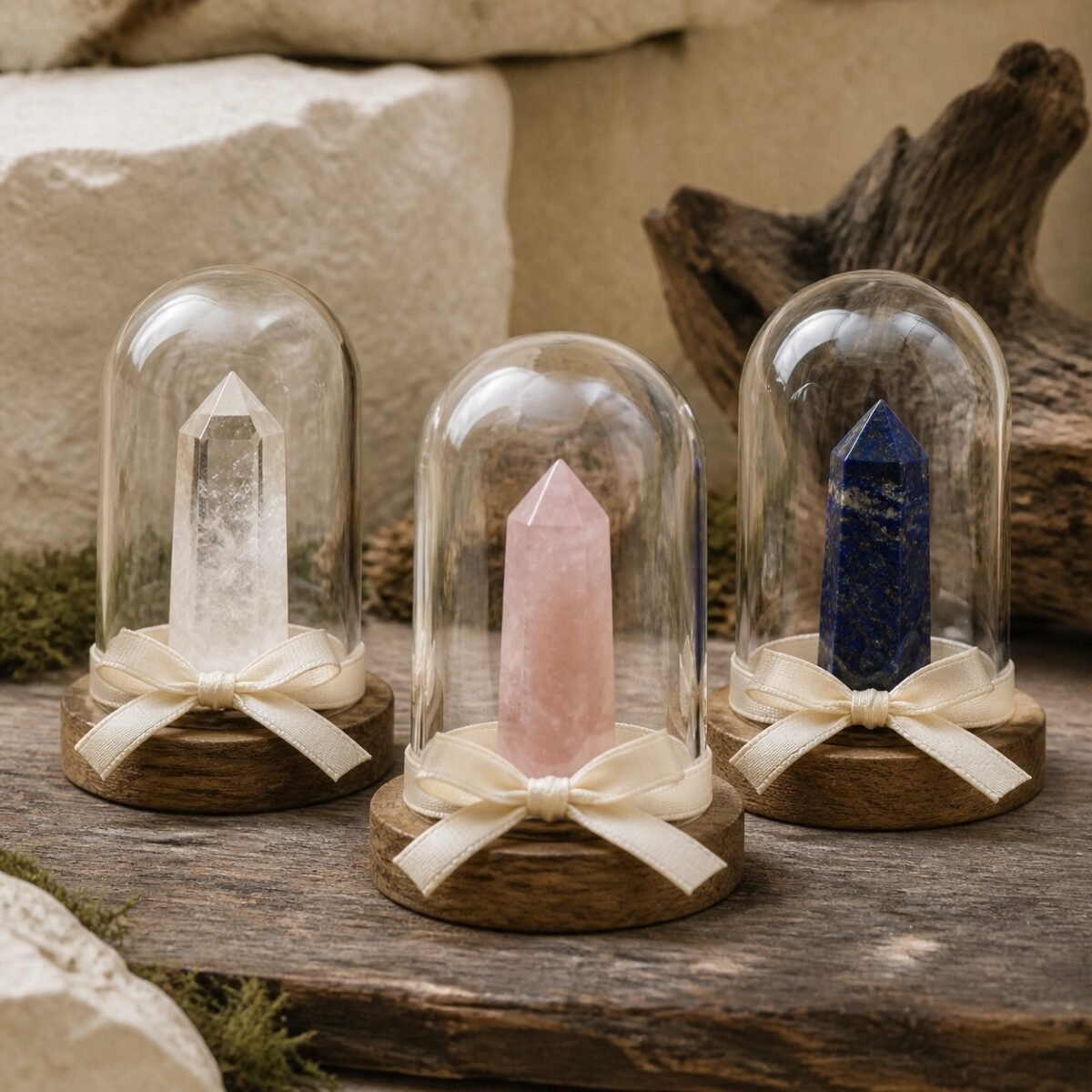 Crystal Dome Gardens with a natural crystal point under a clear glass dome decorative ribbon and gold-tone base