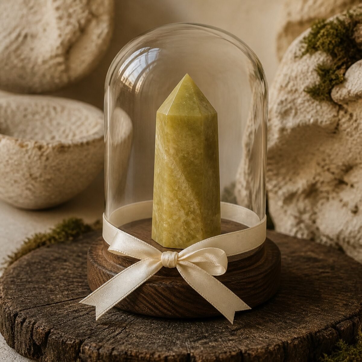 Afghan Jade Ribbon Intention Crystal Dome with a natural crystal point beneath clear glass and a gold-tone base
