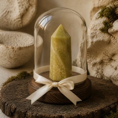 Afghan Jade Ribbon Intention Crystal Dome with a natural crystal point beneath clear glass and a gold-tone base