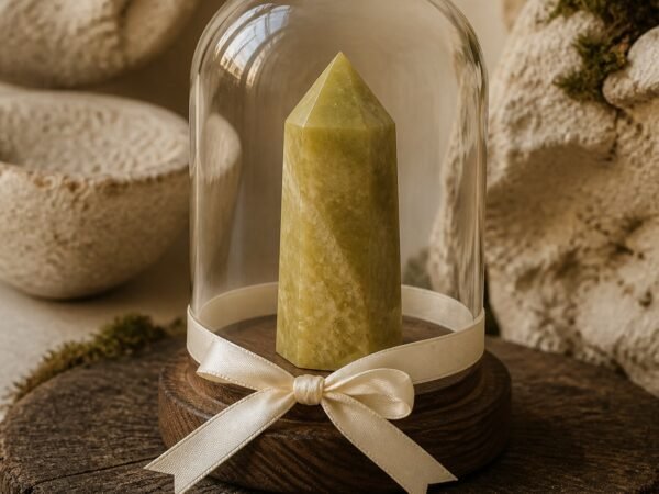 Afghan Jade Ribbon Intention Crystal Dome with a natural crystal point beneath clear glass and a gold-tone base