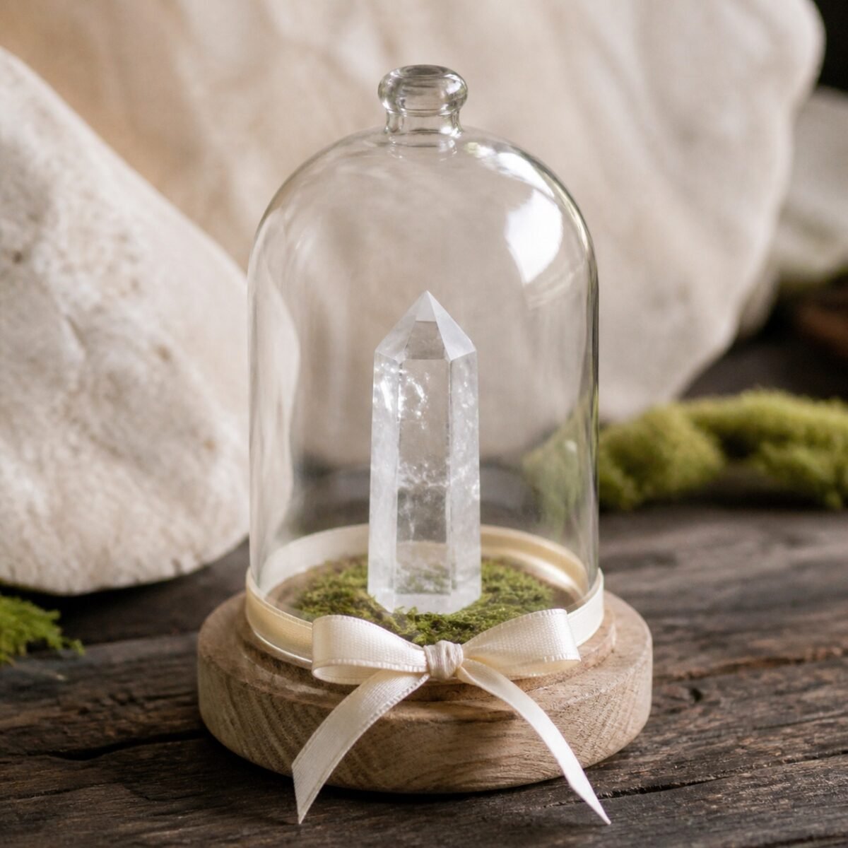 ribbon-crystal-dome-gardens-03-white-crystal White Crystal Ribbon Intention Crystal Dome with a natural crystal point beneath a clear glass cover and decorative ribbon