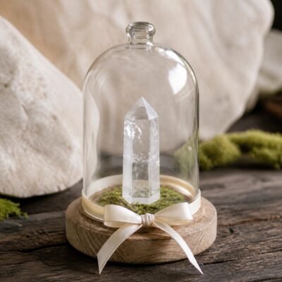 ribbon-crystal-dome-gardens-03-white-crystal White Crystal Ribbon Intention Crystal Dome with a natural crystal point beneath a clear glass cover and decorative ribbon