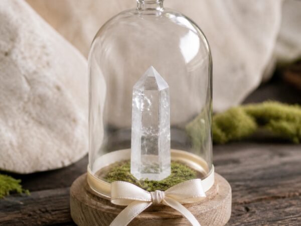 ribbon-crystal-dome-gardens-03-white-crystal White Crystal Ribbon Intention Crystal Dome with a natural crystal point beneath a clear glass cover and decorative ribbon