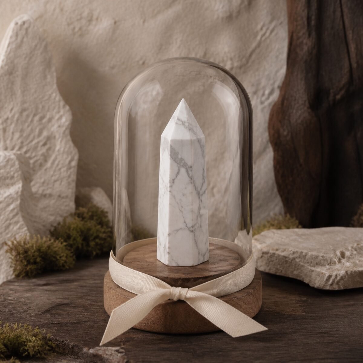 ribbon-crystal-dome-gardens-04-white-stone White Stone crystal point beneath a clear glass dome with a decorative ribbon and gold-tone base