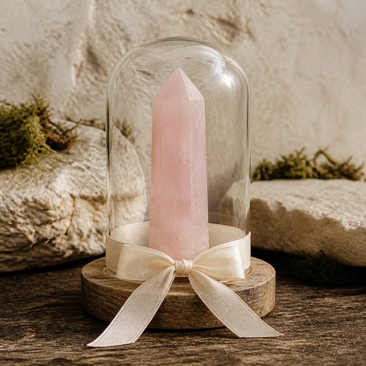 ribbon-crystal-dome-gardens-05-pink-crystal Pink Crystal Ribbon Intention Crystal Dome with a natural pink crystal point under clear glass and a white decorative ribbon