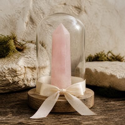 ribbon-crystal-dome-gardens-05-pink-crystal Pink Crystal Ribbon Intention Crystal Dome with a natural pink crystal point under clear glass and a white decorative ribbon