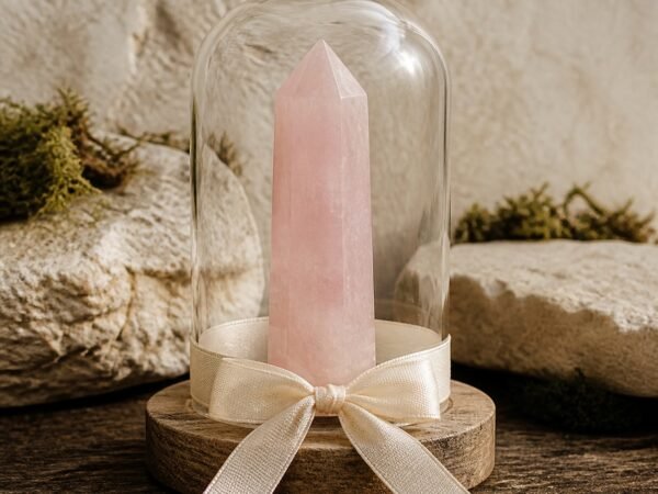ribbon-crystal-dome-gardens-05-pink-crystal Pink Crystal Ribbon Intention Crystal Dome with a natural pink crystal point under clear glass and a white decorative ribbon