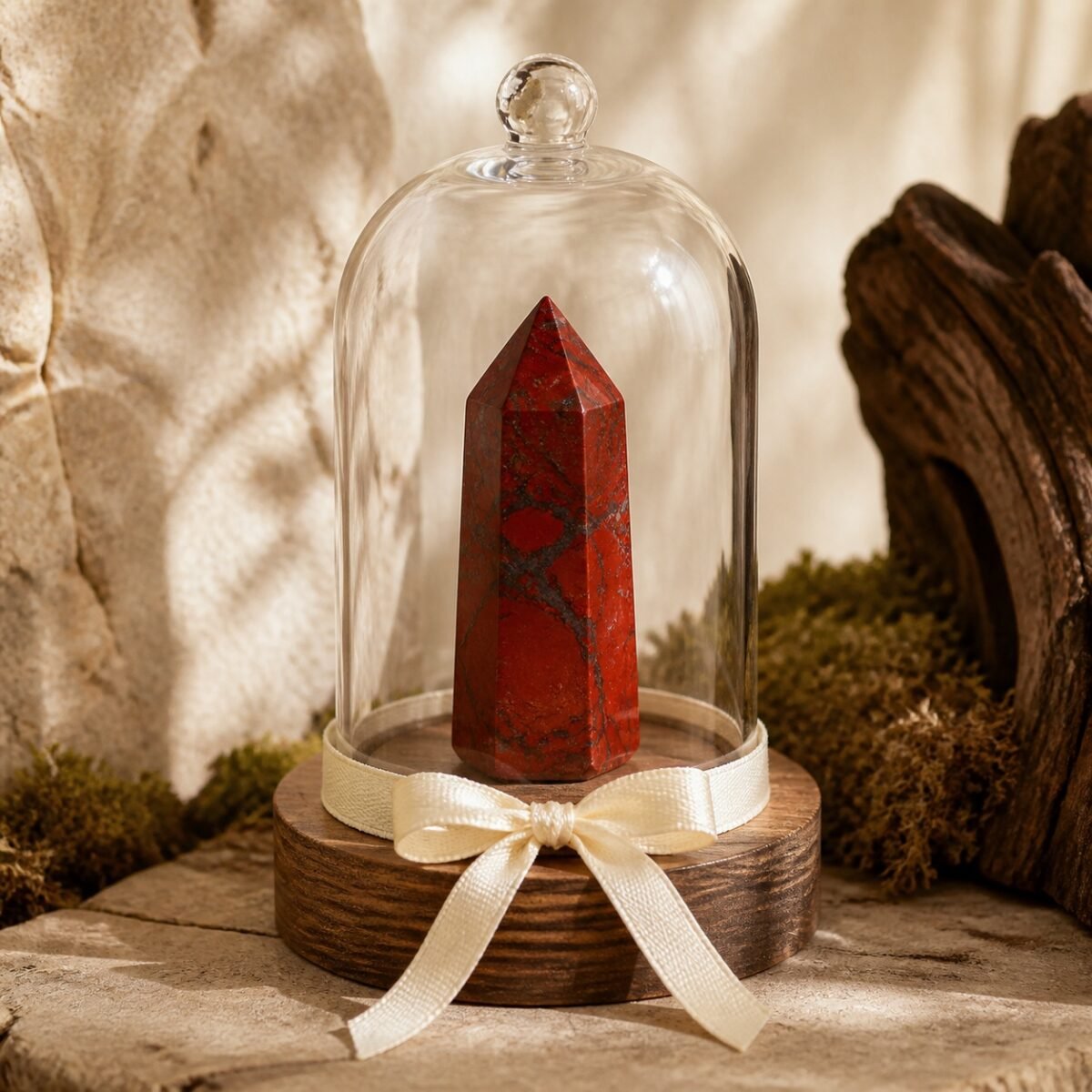 Red Jasper Ribbon Intention Crystal Dome with a natural crystal point beneath a clear glass dome and decorative ribbon