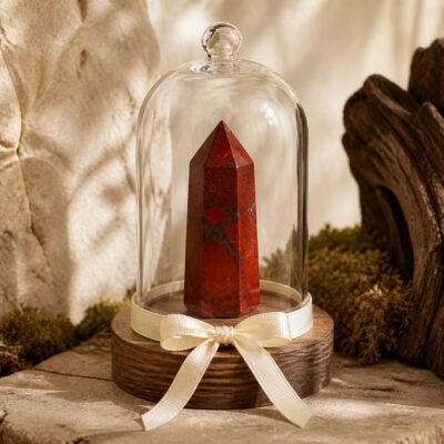 Red Jasper Ribbon Intention Crystal Dome with a natural crystal point beneath a clear glass dome and decorative ribbon