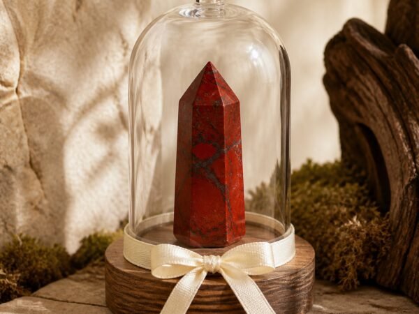 ribbon-crystal-dome-gardens-06-red-jasper Red Jasper Ribbon Intention Crystal Dome with a natural crystal point beneath a clear glass dome and decorative ribbon