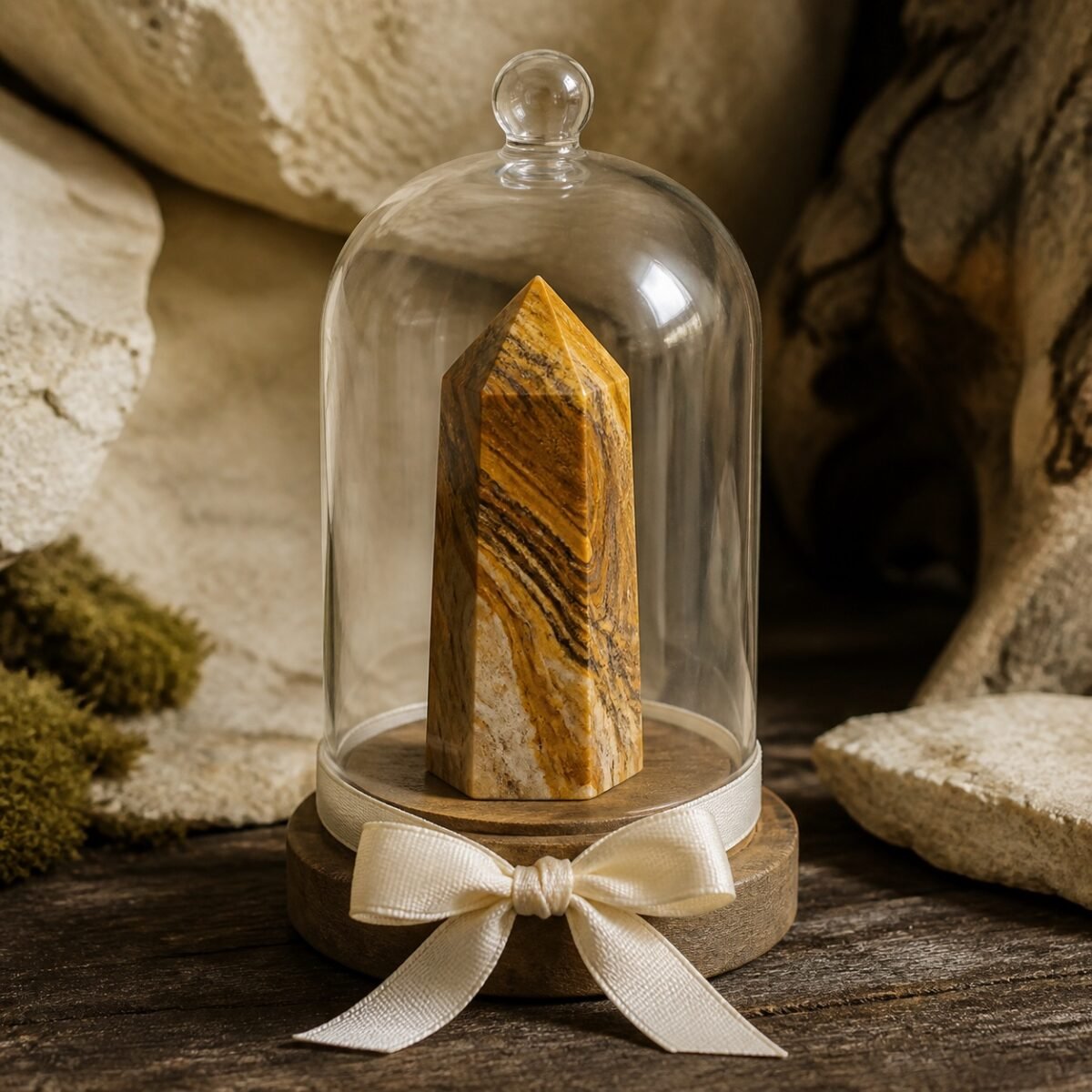 ribbon-crystal-dome-gardens-07-petrified-wood Petrified Wood Ribbon Intention Crystal Dome with a natural crystal point beneath a clear glass dome and decorative ribbon