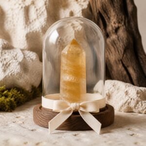 Yellow Fluorite Ribbon Intention Crystal Dome with a natural yellow crystal point beneath clear glass and a white ribbon