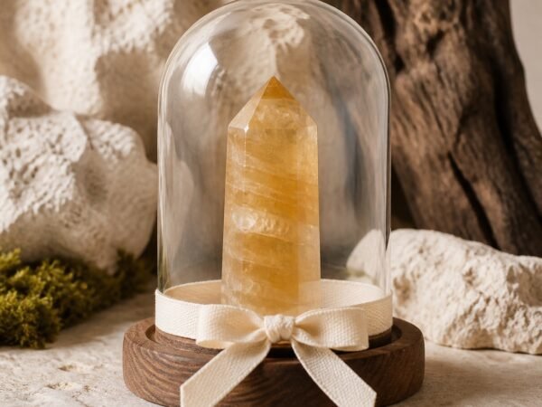Yellow Fluorite Ribbon Intention Crystal Dome with a natural yellow crystal point beneath clear glass and a white ribbon