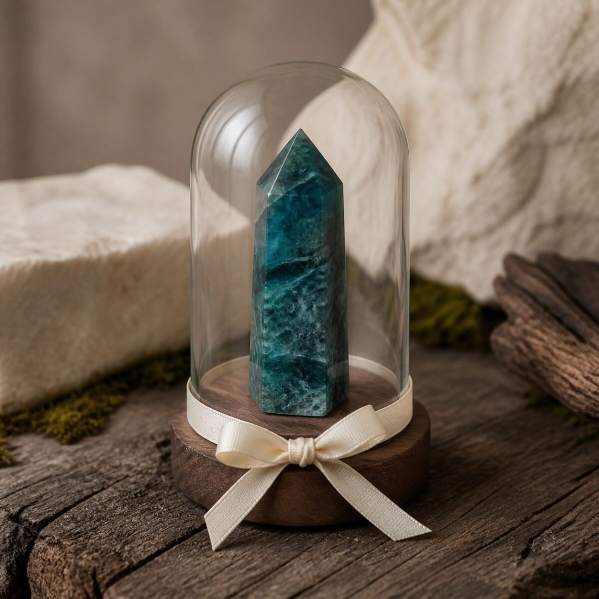 Blue Apatite Ribbon Intention Crystal Dome with a natural crystal point beneath clear glass and decorative ribbon