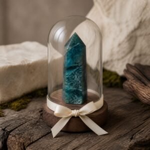 Blue Apatite Ribbon Intention Crystal Dome with a natural crystal point beneath clear glass and decorative ribbon