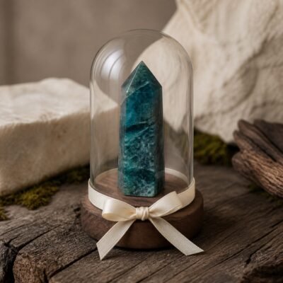 Blue Apatite Ribbon Intention Crystal Dome with a natural crystal point beneath clear glass and decorative ribbon