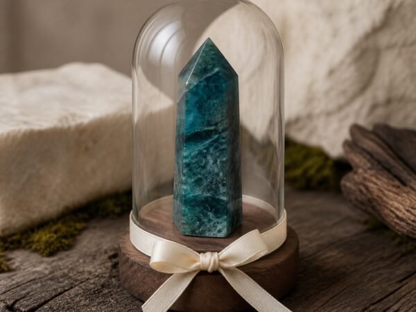 Blue Apatite Ribbon Intention Crystal Dome with a natural crystal point beneath clear glass and decorative ribbon