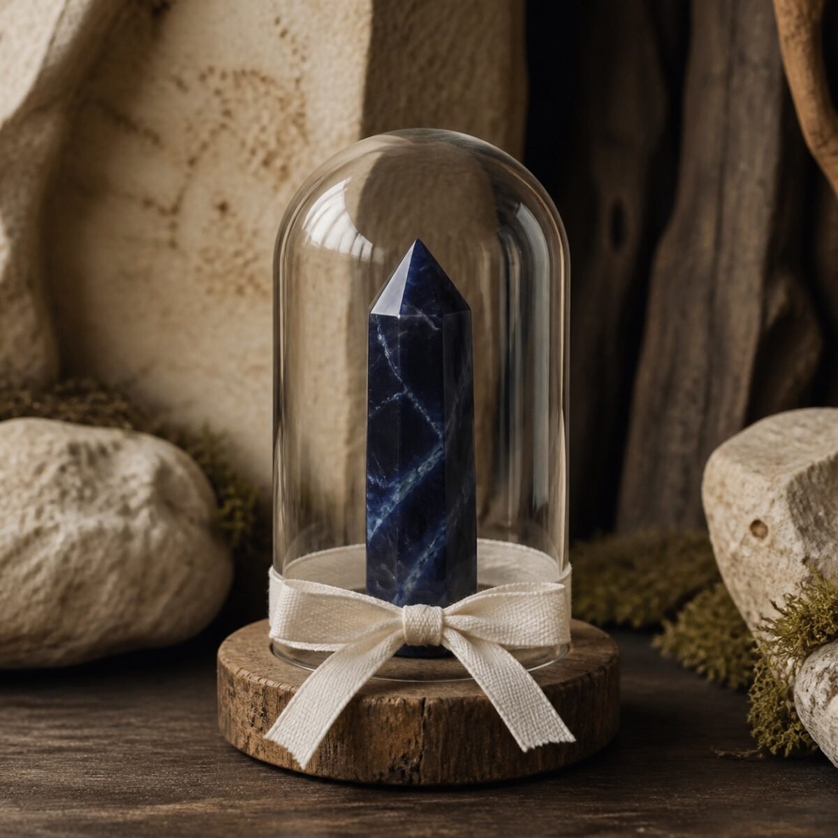 Blue Vein Stone Ribbon Intention Crystal Dome with a natural blue-veined crystal point under clear glass and a decorative ribbon