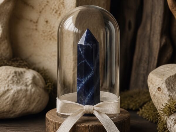 Blue Vein Stone Ribbon Intention Crystal Dome with a natural blue-veined crystal point under clear glass and a decorative ribbon
