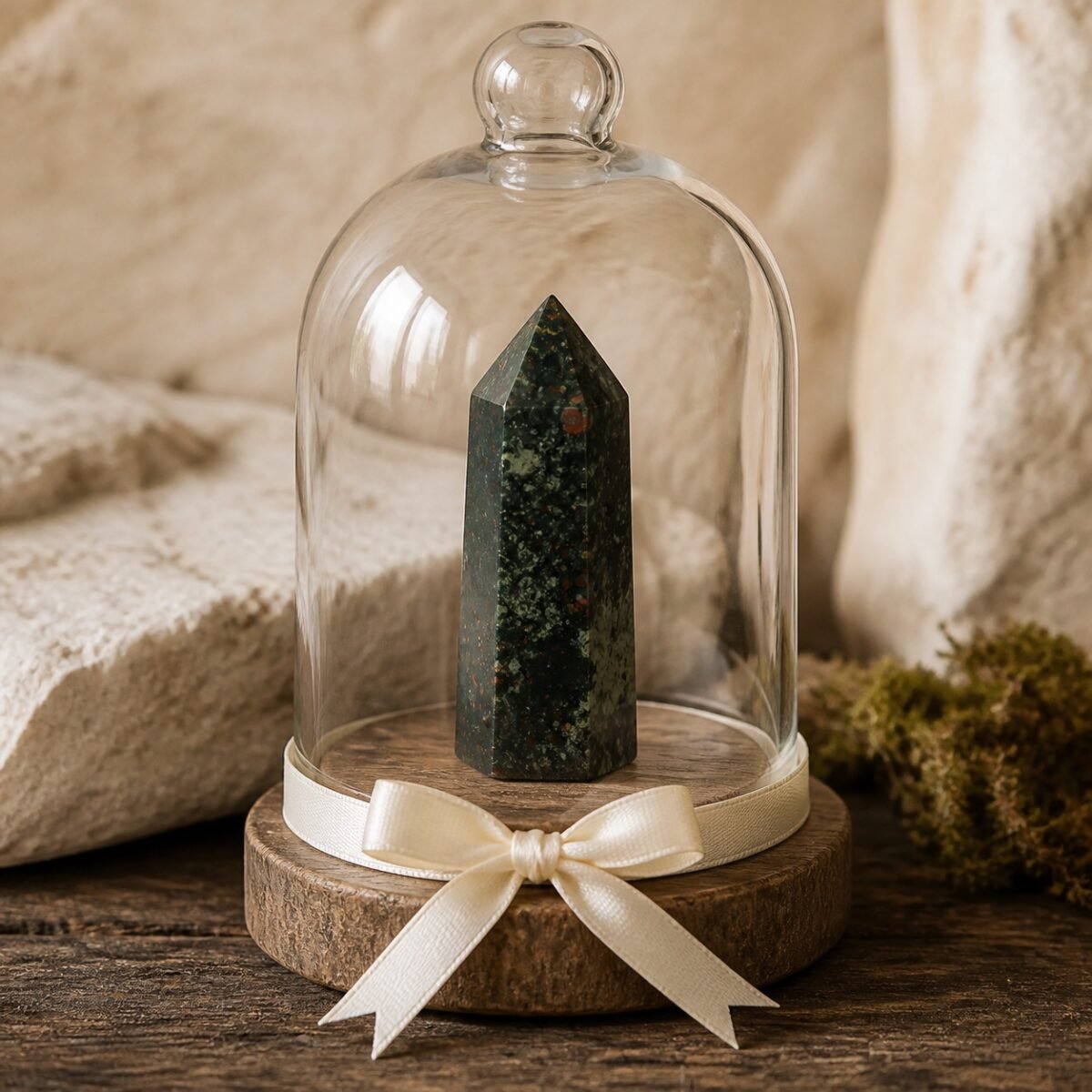 ribbon-crystal-dome-gardens-11-dragon-blood-stone Dragon Blood Stone Ribbon Intention Crystal Dome with a natural dark green point under clear glass and a white decorative ribbon