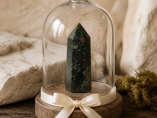 ribbon-crystal-dome-gardens-11-dragon-blood-stone Dragon Blood Stone Ribbon Intention Crystal Dome with a natural dark green point under clear glass and a white decorative ribbon