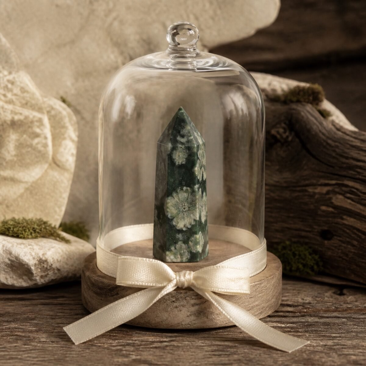 Flower Green Stone Ribbon Intention Crystal Dome with a natural green crystal point beneath a clear glass dome and floral ribbon