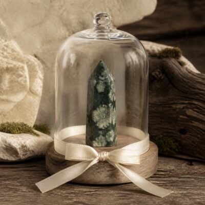 Flower Green Stone Ribbon Intention Crystal Dome with a natural green crystal point beneath a clear glass dome and floral ribbon
