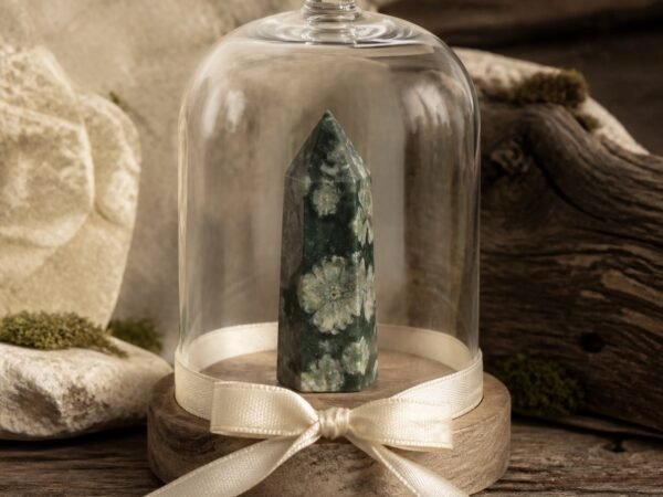 Flower Green Stone Ribbon Intention Crystal Dome with a natural green crystal point beneath a clear glass dome and floral ribbon