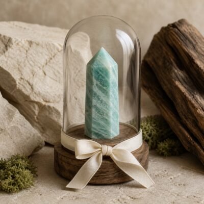 ribbon-crystal-dome-gardens-13-amazonite Amazonite Ribbon Intention Crystal Dome with natural crystal point, clear glass cover, and gold-tone base