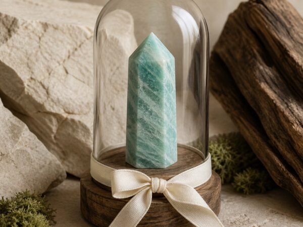ribbon-crystal-dome-gardens-13-amazonite Amazonite Ribbon Intention Crystal Dome with natural crystal point, clear glass cover, and gold-tone base