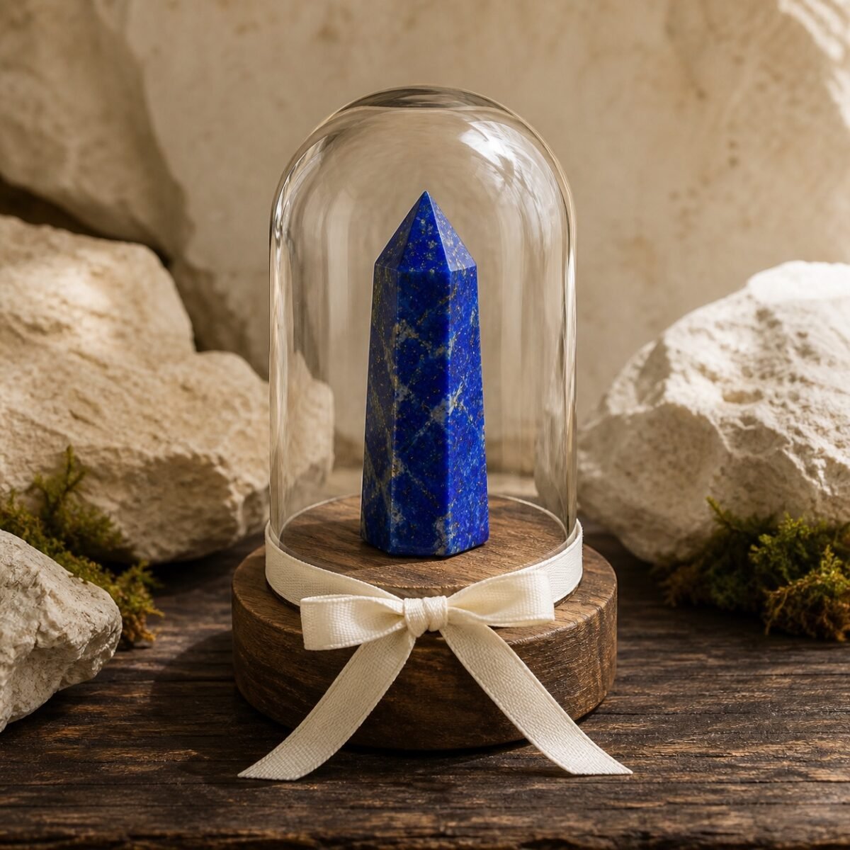 ribbon-crystal-dome-gardens-14-lapis-lazuli Lapis Lazuli Ribbon Intention Crystal Dome with natural crystal point beneath a clear glass cover and decorative ribbon