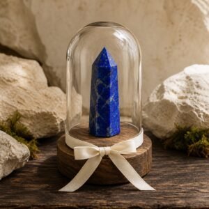 Lapis Lazuli Ribbon Intention Crystal Dome with natural crystal point beneath a clear glass cover and decorative ribbon