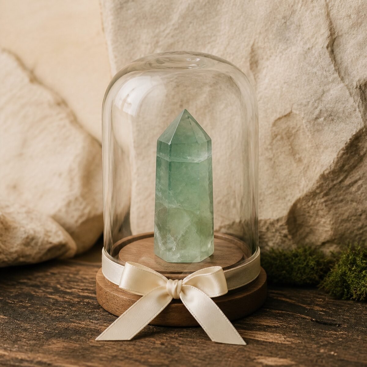 Green Fluorite Ribbon Intention Crystal Dome with a natural crystal point beneath a clear glass cover and decorative ribbon