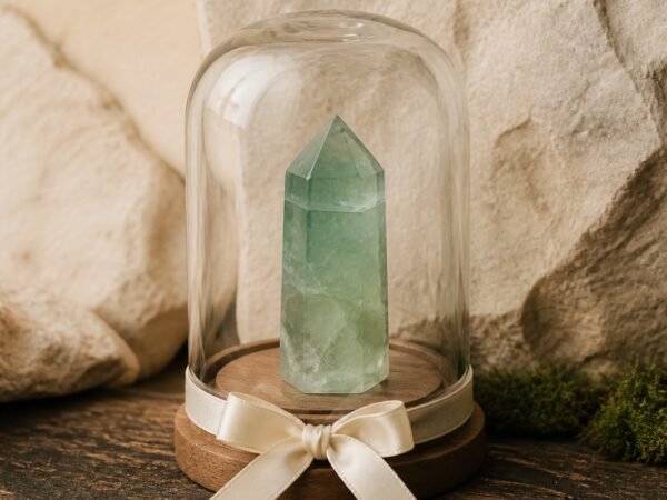 Green Fluorite Ribbon Intention Crystal Dome with a natural crystal point beneath a clear glass cover and decorative ribbon