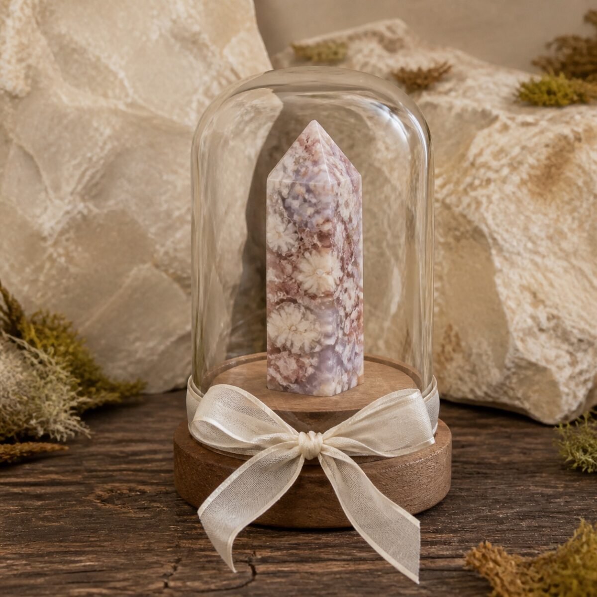 ribbon-crystal-dome-gardens-16-plum-blossom-stone Plum Blossom Stone Ribbon Intention Crystal Dome with natural crystal point clear glass cover decorative ribbon and gold-tone base
