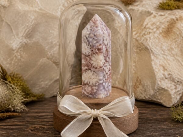 Plum Blossom Stone Ribbon Intention Crystal Dome with natural crystal point clear glass cover decorative ribbon and gold-tone base