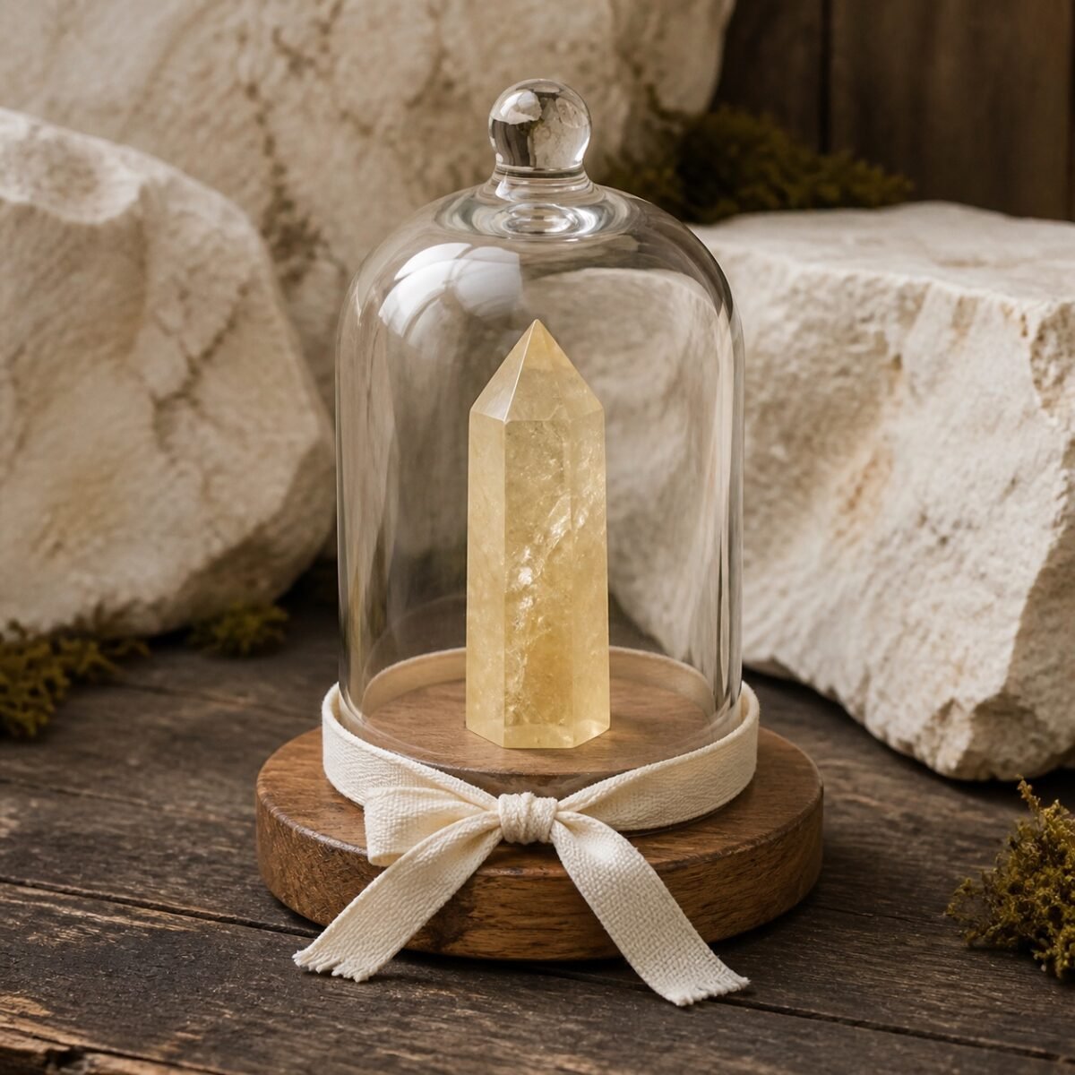 Yellow Crystal Ribbon Intention Crystal Dome with natural crystal point under clear glass and decorative ribbon