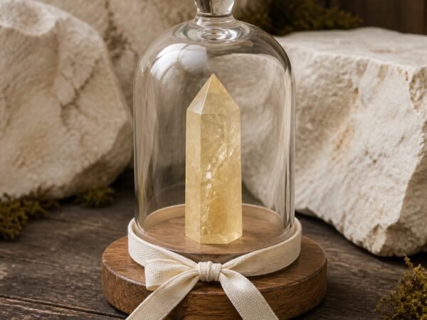 Yellow Crystal Ribbon Intention Crystal Dome with natural crystal point under clear glass and decorative ribbon