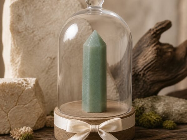 ribbon-crystal-dome-gardens-18-green-aventurine Green Aventurine Ribbon Intention Crystal Dome with a natural crystal point beneath a clear glass dome and decorative ribbon