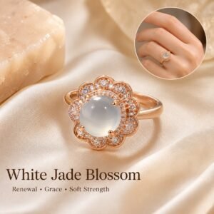 White Chalcedony Blossom Ring with pale cabochon, rose-gold-tone blossom halo and clear decorative accents.