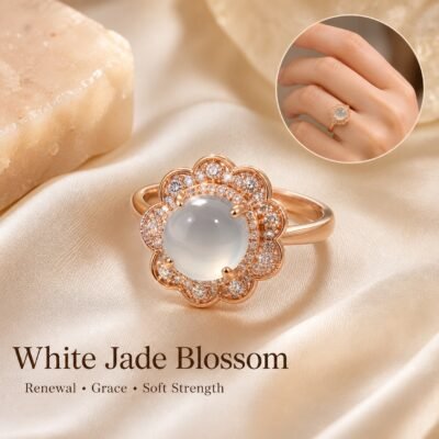 White Chalcedony Blossom Ring with pale cabochon, rose-gold-tone blossom halo and clear decorative accents.