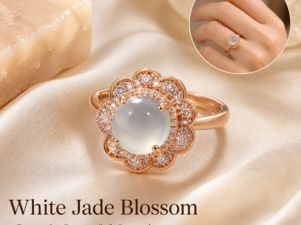 rose-gold-white-jade-blossom-ring-01-main White Chalcedony Blossom Ring with pale cabochon, rose-gold-tone blossom halo and clear decorative accents.