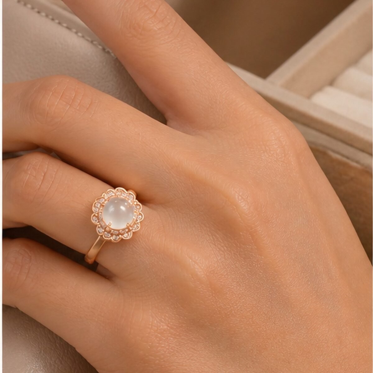Rose Gold White Chalcedony Blossom Ring