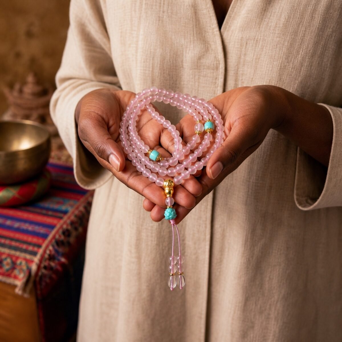 rose-quartz-lotus-guru-mala-wear-dark Rose Quartz Lotus Guru Mala
