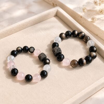 rose-shadow-pixiu-couple-crystal-bracelet-set-01-main Crystal bracelet set for couples with rose quartz and a carved Pixiu focal bead