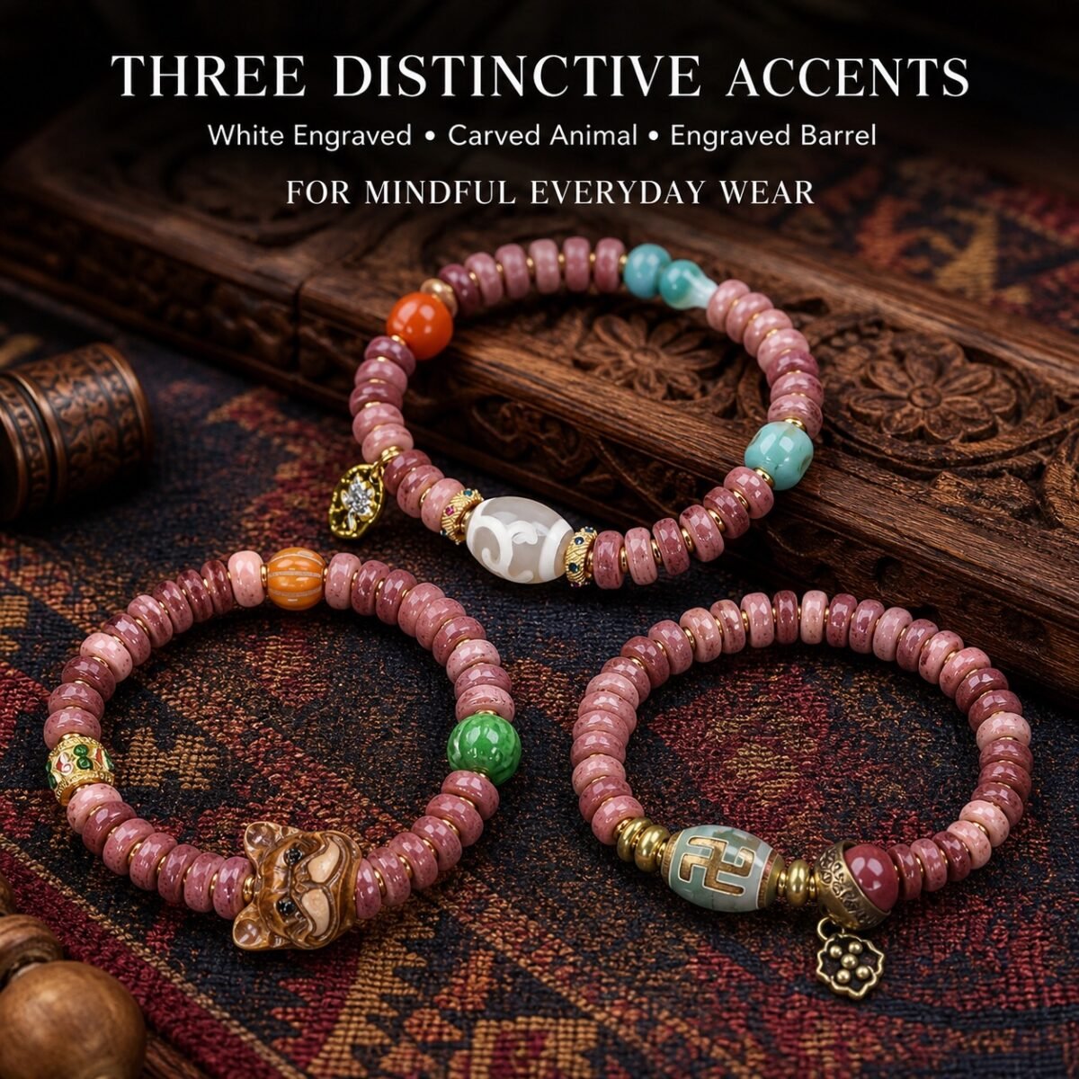 Rose Dawn Carved Accent Tibetan Prayer Bracelet