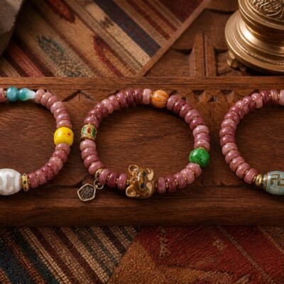 Rose Dawn Prayer Bracelet with rose-toned camel-bone tablet beads and carved accents